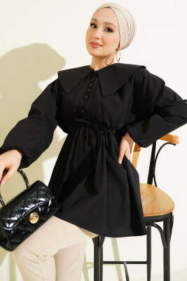 Nervürlü Yarım Düğmeli Tunik Siyah - MISRA