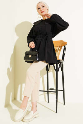 Nervürlü Yarım Düğmeli Tunik Siyah - Tunik