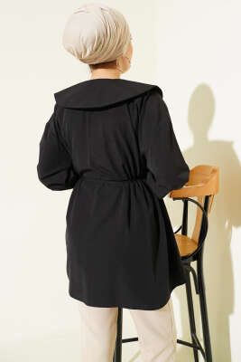 Nervürlü Yarım Düğmeli Tunik Siyah - Tunik