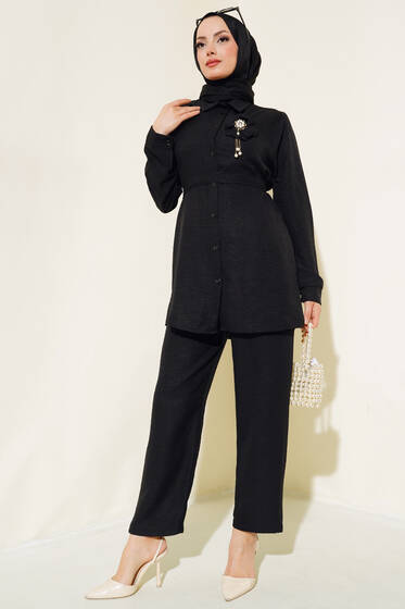 Bel Kuşaklı Keten İkili Takım Siyah - İkili Takım