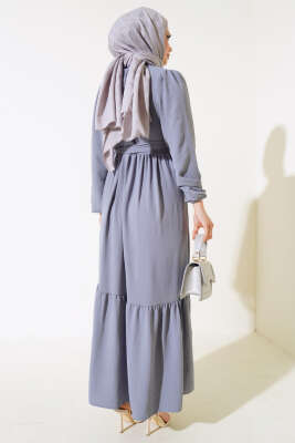 Büzgülü Ayrobin Elbise Gri - Tesettür Elbise