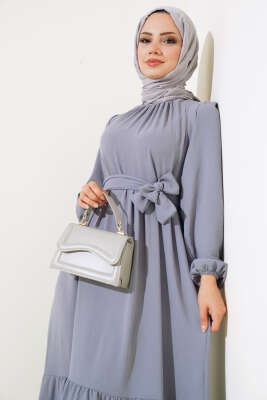 Büzgülü Ayrobin Elbise Gri - Tesettür Elbise