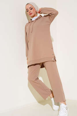Çıtçıt Detaylı Kapüşonlu İkili Takım Bej 