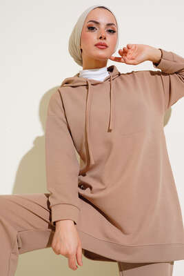 Çıtçıt Detaylı Kapüşonlu İkili Takım Bej - İKİLİ TAKIM