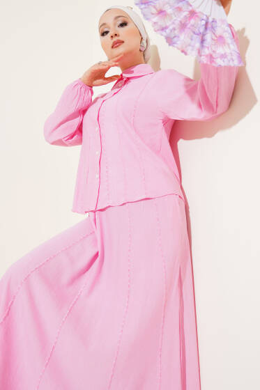 Önü Dikiş Detaylı Etekli İkili Takım Pembe - İkili Takım