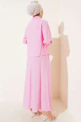 Önü Dikiş Detaylı Etekli İkili Takım Pembe - İkili Takım