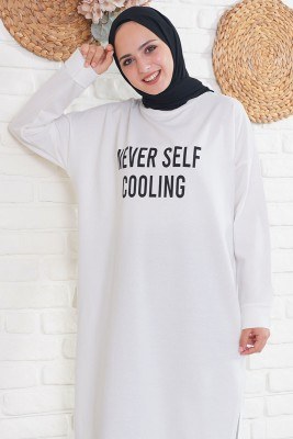 Never Self Cooling Baskılı Beyaz Uzun Tunik - Thumbnail