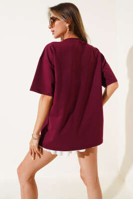 New York Baskılı T-Shirt Bordo - Kadın Giyim Modelleri