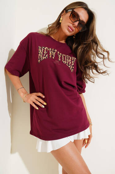 New York Baskılı T-Shirt Bordo - Kadın Giyim Modelleri