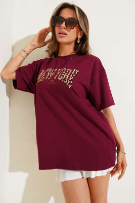 New York Baskılı T-Shirt Bordo - Kadın Giyim Modelleri