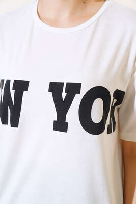 New York Baskılı T-shirt Ekru - Thumbnail