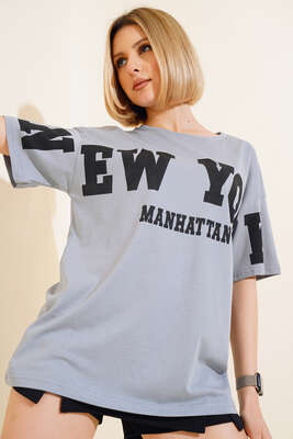 New York Baskılı T-shirt Gri - Thumbnail