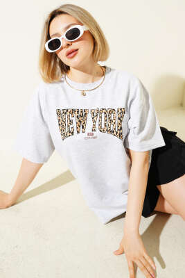New York Baskılı T-Shirt Gri 