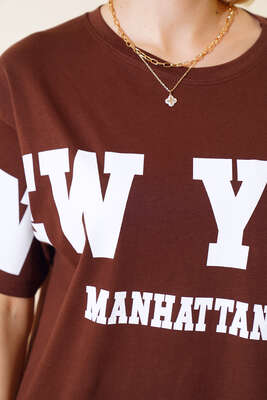 New York Baskılı T-shirt Kahve - Thumbnail