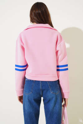 New York Baskılı Üç İplik Kısa Sweatshirt Pembe - Kadın Giyim Modelleri