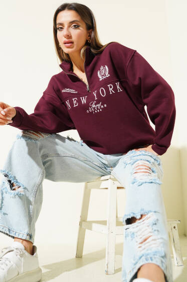 New York Fermuarlı Üç İplik Sweat Mürdüm - Kadın Giyim Modelleri
