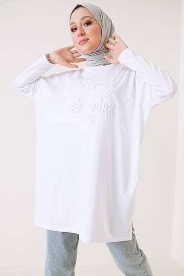 New York Kabartma Desenli Tunik Beyaz - Tunik