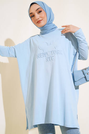 New York Kabartma Desenli Tunik Buz Mavisi - Tunik