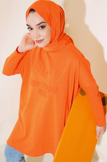 New York Kabartma Desenli Tunik Oranj - Tunik