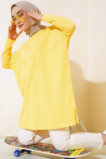 New York Kabartma Desenli Tunik Sarı - Tunik