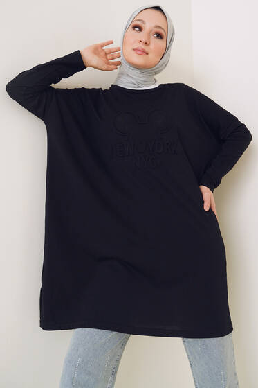New York Kabartma Desenli Tunik Siyah - Tunik