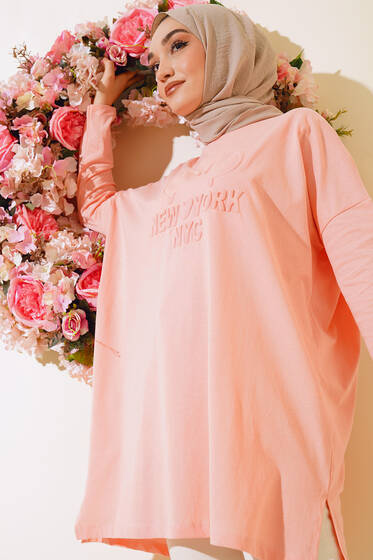 New York Kabartma Desenli Tunik Somon - Tunik