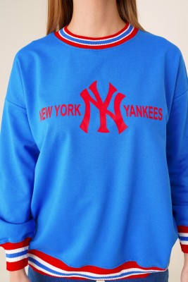 New York Yankees Basklı Saks Sweatshirt - Thumbnail