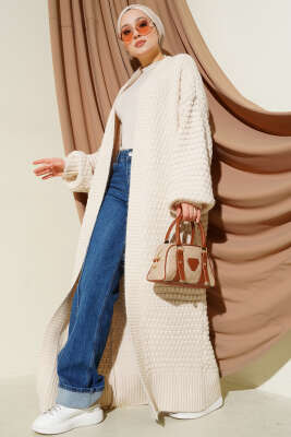 Nohut Desen Uzun Triko Hırka Bej - VANİZA TRİKO