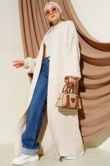 Nohut Desen Uzun Triko Hırka Bej - Hırka