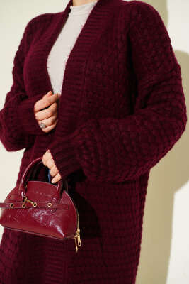 Nohut Desen Uzun Triko Hırka Bordo - Hırka