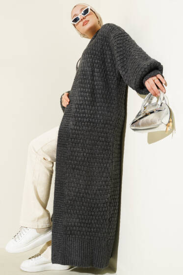 Nohut Desen Uzun Triko Hırka Füme - Hırka