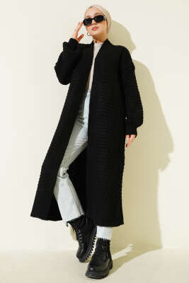 Nohut Desen Uzun Triko Hırka Siyah - VANİZA TRİKO