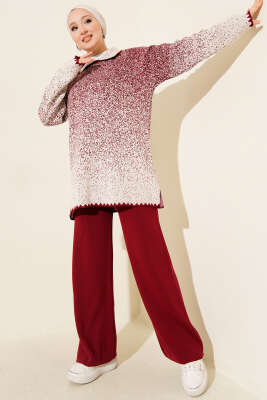 Nokta Desen Gömlek Yaka Triko Takım Bordo - SUDE NAZ