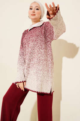 Nokta Desen Gömlek Yaka Triko Takım Bordo - İkili Takım