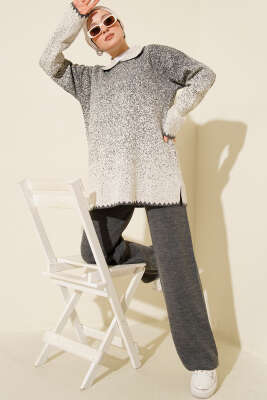 Nokta Desen Gömlek Yaka Triko Takım Füme - SUDE NAZ