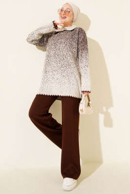 Nokta Desen Gömlek Yaka Triko Takım Kahve - SUDE NAZ
