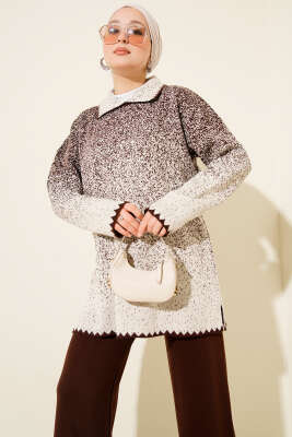 Nokta Desen Gömlek Yaka Triko Takım Kahve - İkili Takım