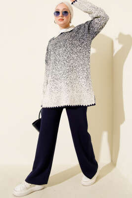 Nokta Desen Gömlek Yaka Triko Takım Lacivert - SUDE NAZ