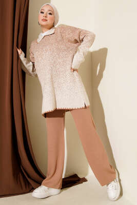 Nokta Desen Gömlek Yaka Triko Takım Latte - SUDE NAZ