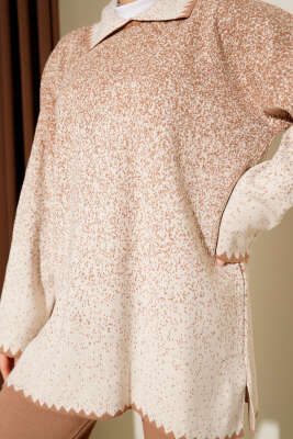 Nokta Desen Gömlek Yaka Triko Takım Latte - İkili Takım