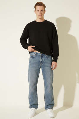 Normal Bel Bol Paça Erkek Kot Pantolon Orta Mavi - Erkek Pantolon