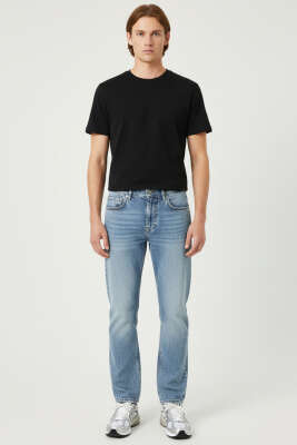 Normal Bel Boru Paça Erkek Kot Pantolon Mavi Kar - Erkek Pantolon