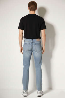 Normal Bel Boru Paça Erkek Kot Pantolon Mavi Kar - Erkek Pantolon