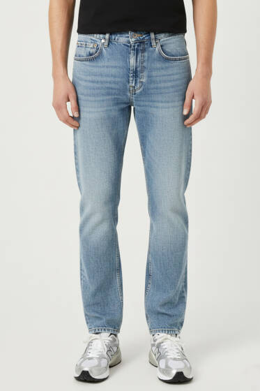 Normal Bel Boru Paça Erkek Kot Pantolon Mavi Kar - Erkek Pantolon