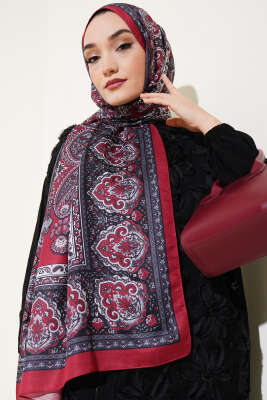 Nostaljik Motif Soft Şal Bordo - Başörtüsü