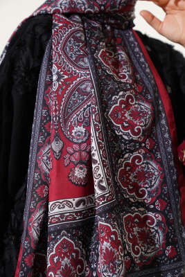Nostaljik Motif Soft Şal Bordo - Başörtüsü