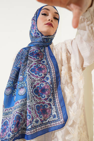 Nostaljik Motif Soft Şal Saks - Başörtüsü