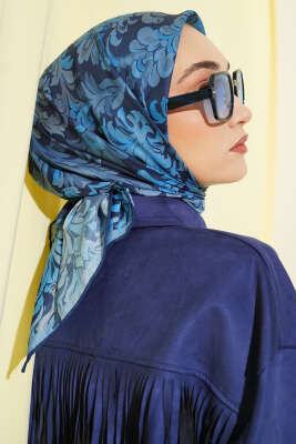 Nostaljik Motifli Eşarp Saks - Başörtüsü