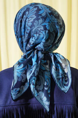 Nostaljik Motifli Eşarp Saks - Başörtüsü