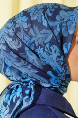 Nostaljik Motifli Eşarp Saks - Başörtüsü